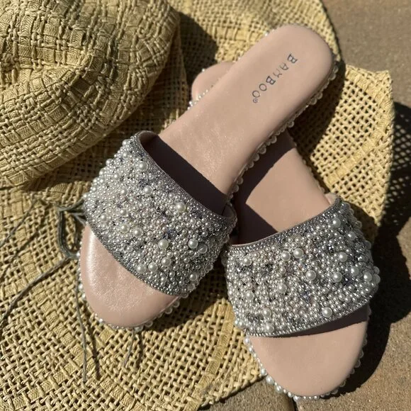 New Bling Rhinestone Pearl Open Toe Slide Sandals Flip Flops Low Flat Platform - Picture 2 of 5